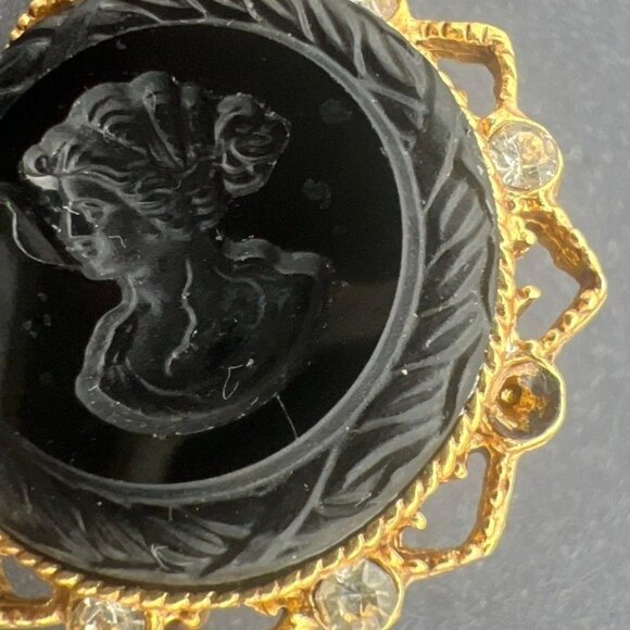 Vintage Robert Rose Cameo Clip-On Earrings Black Goldtone Filigree Rhinestone SE - Picture 5 of 11